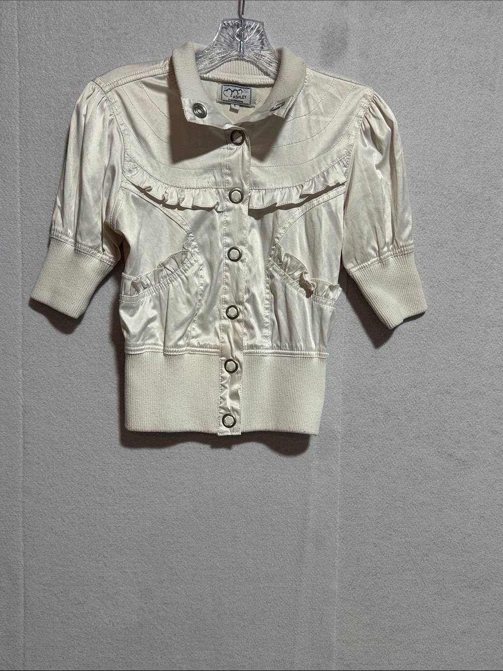 Ashley By 26 International Y2K Cream Ruffle Button-Front Short Sleeve Jacket